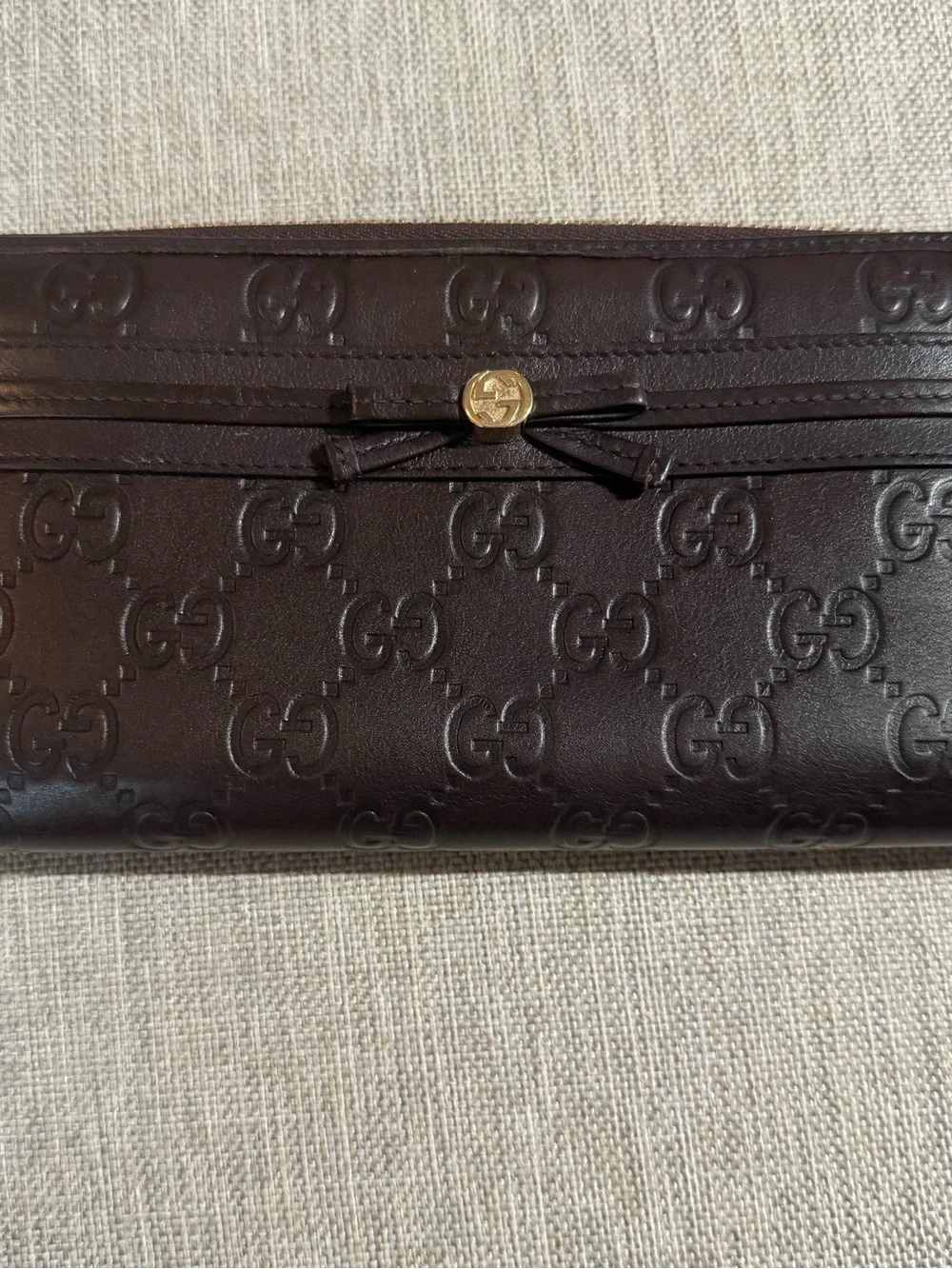 Gucci Dark Brown Embossed GG Leather Continental Wallet with Gold Button